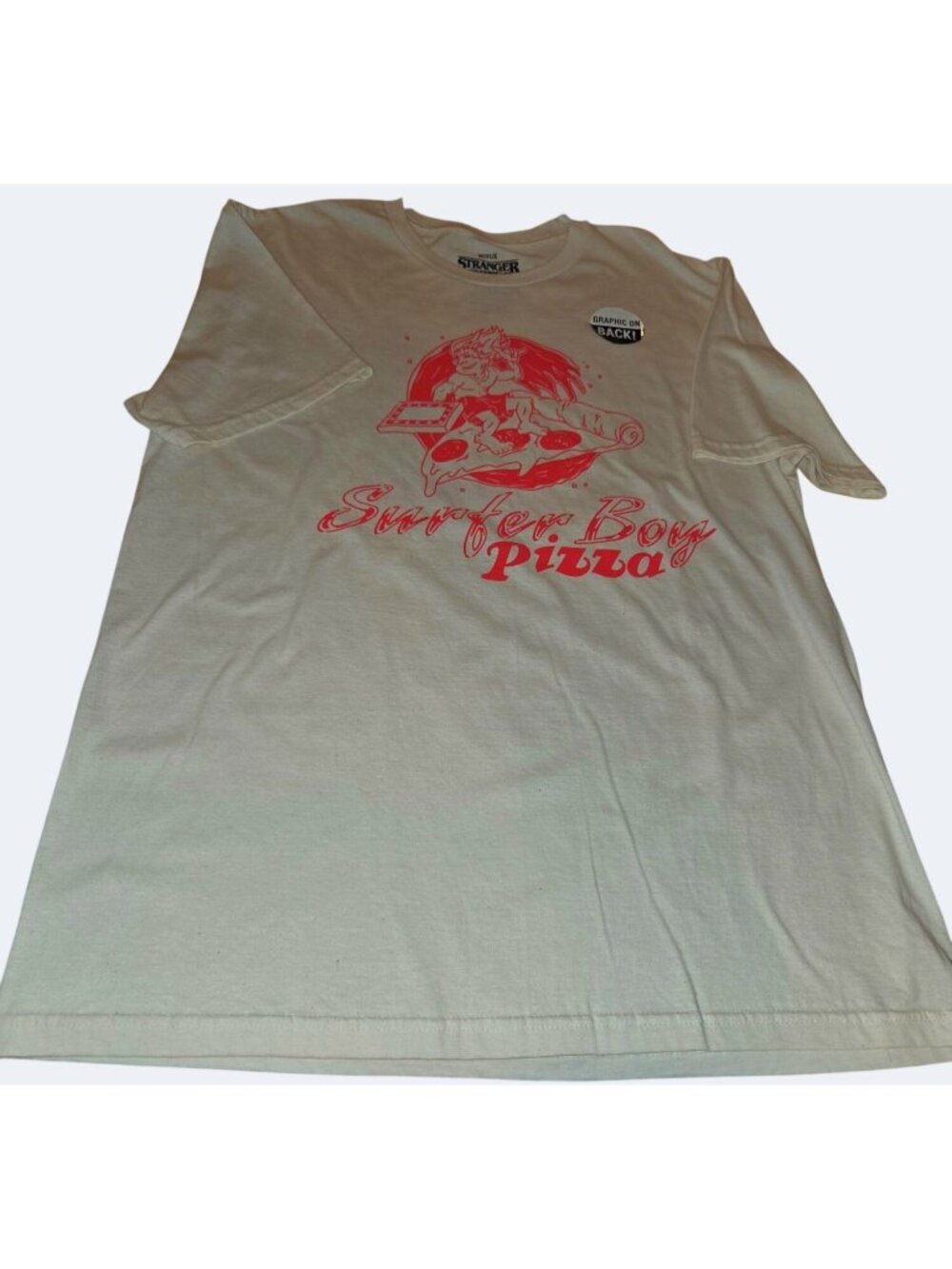 Stranger Things Surfer Boy Pizza Graphic Tee Large Beige/Red Netflix Short Sleev